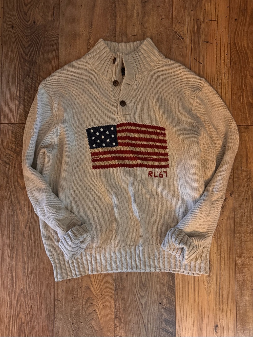 Ralph Lauren Cream Zip-Neck Sweater with Flag Motif